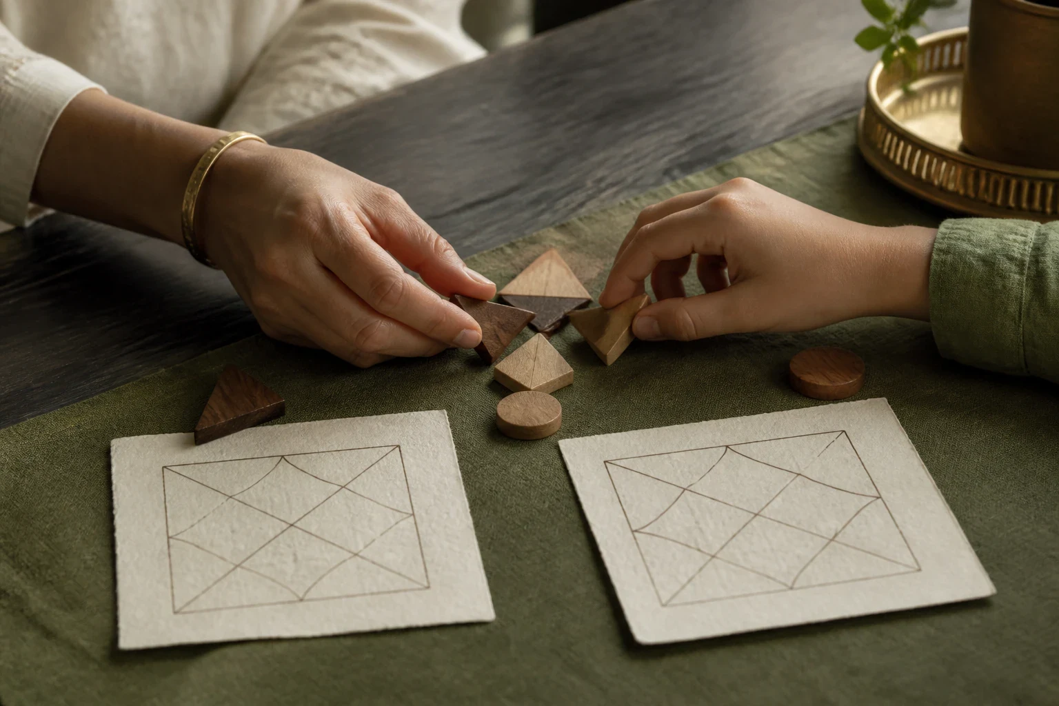 Parent and child hands arranging wooden pieces during a guided activity