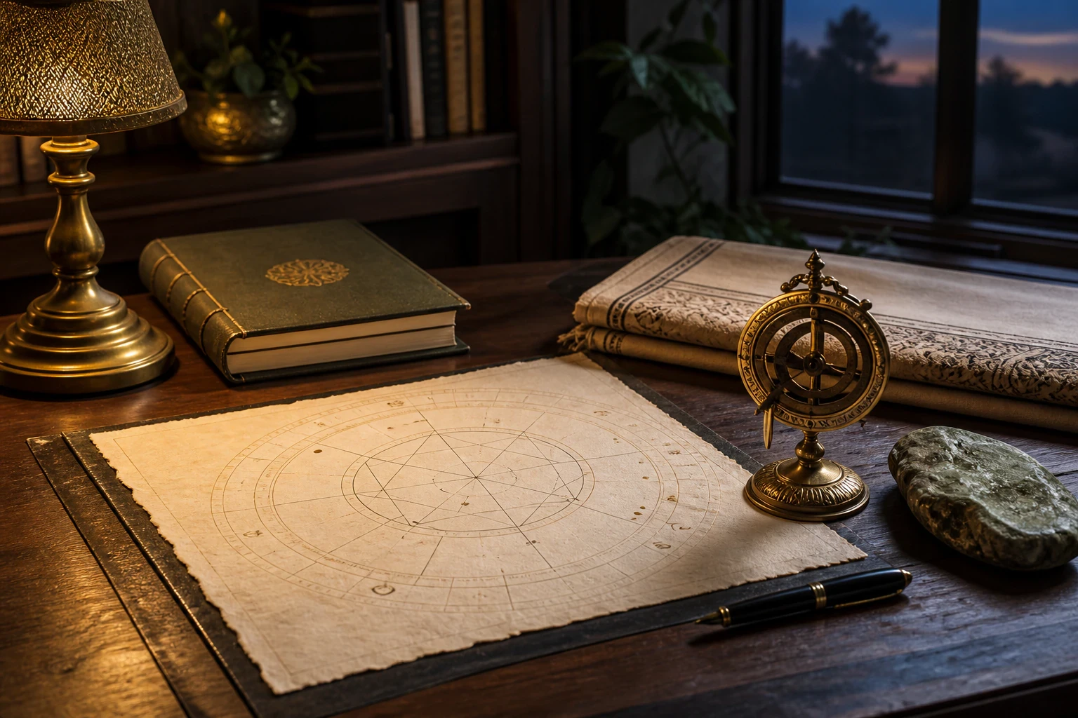 Handmade birth chart with a brass celestial instrument for astrology guidance