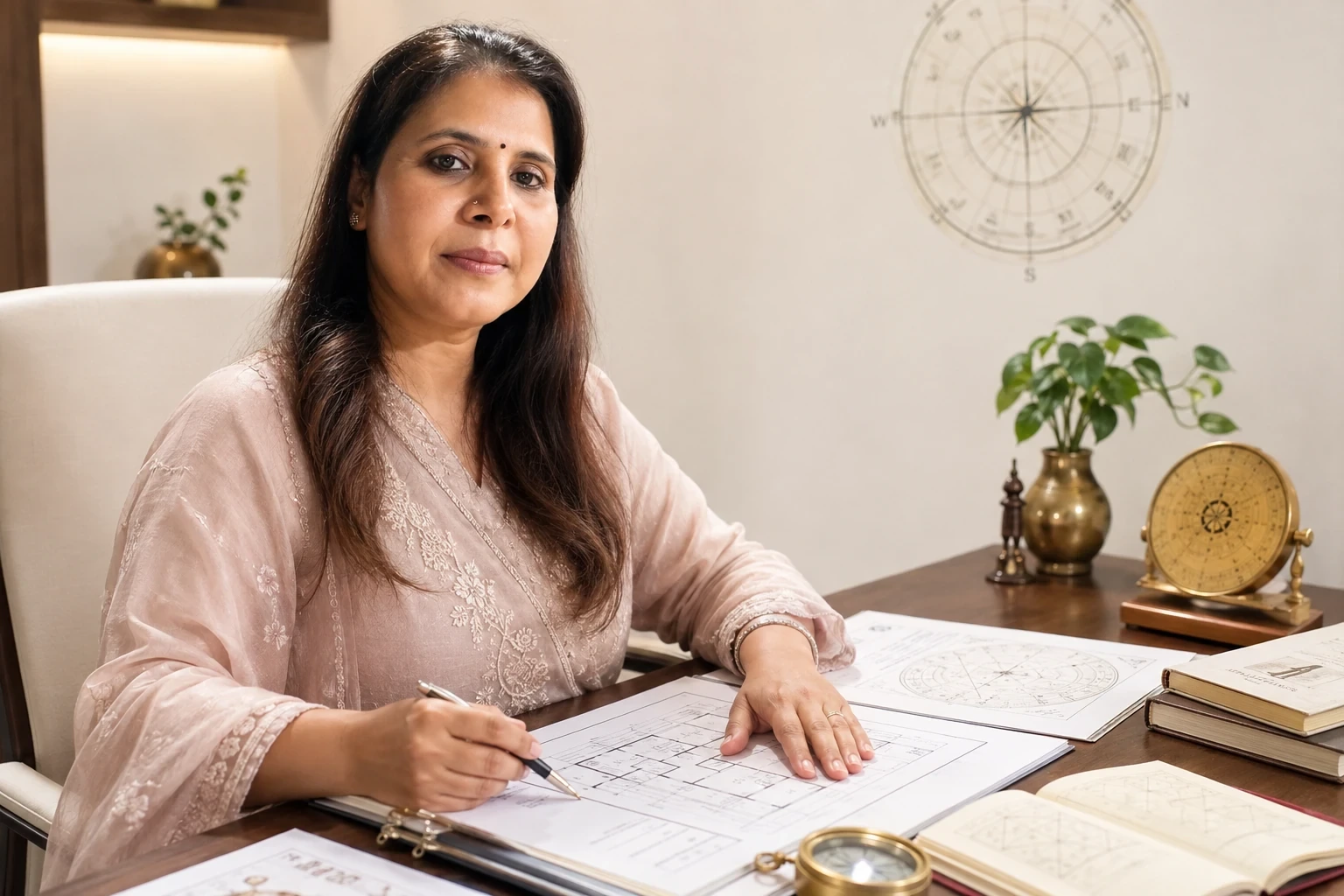 Priiya Ziengade reviewing Vastu plans and consultation charts