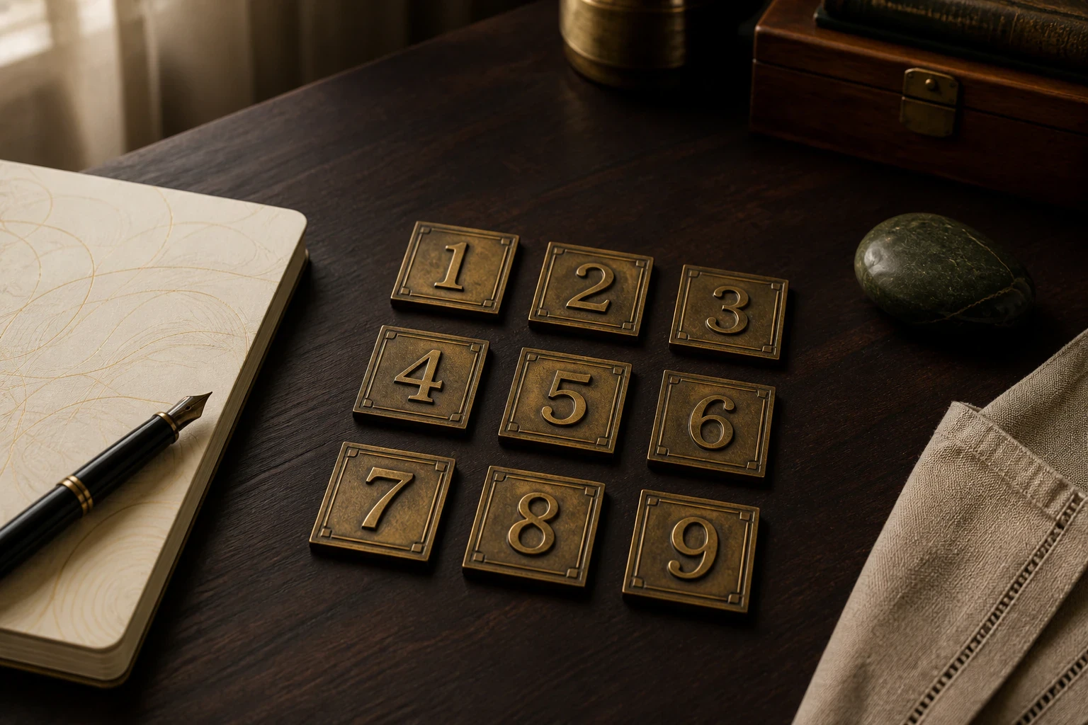 Antique brass number tiles from one to nine arranged for numerology analysis