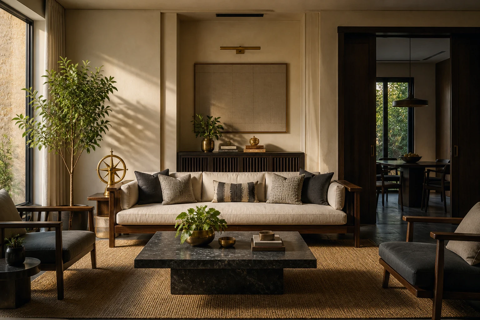 Balanced contemporary Indian living room considered through Vastu principles